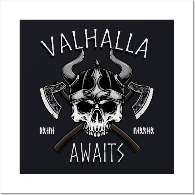 Valhalla Awaits Viking Skull Wall Art by Foxxy Merch